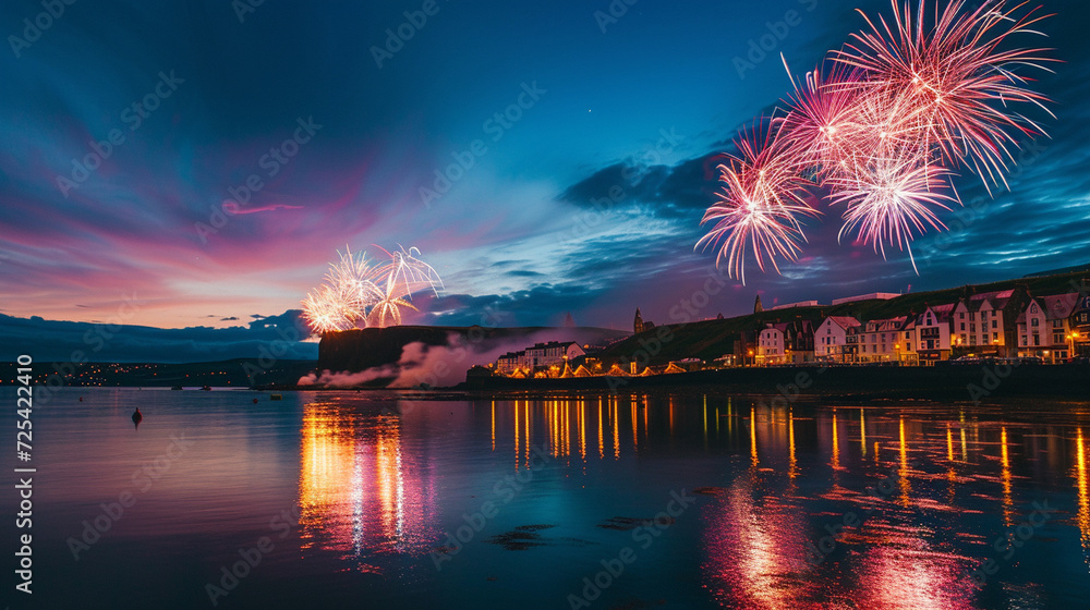 A coastal scene with fireworks reflecting on the water's surface, enhancing the magic of a seaside celebration A coastal scene with fireworks reflecting on the water's surface, enhancing the magic of a seaside celebration