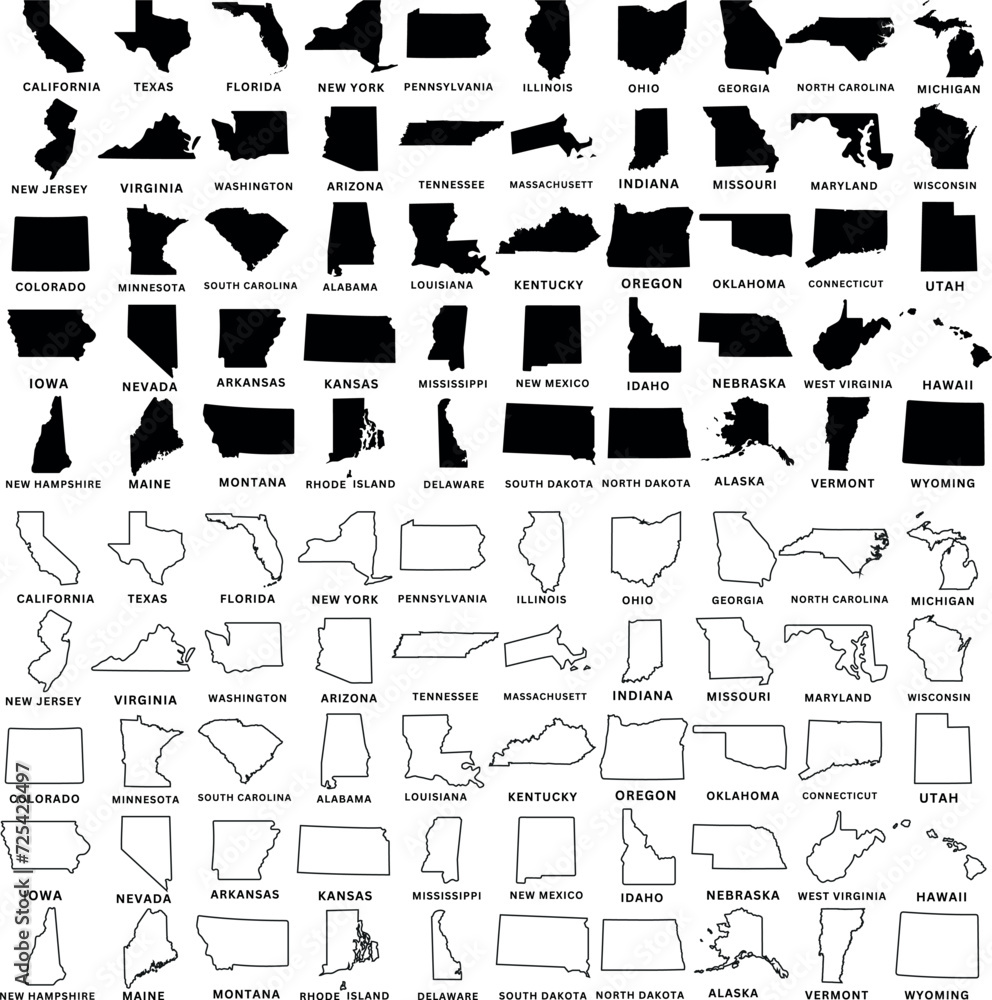 © Arafat - USA state Map and map outlines vector illustration, america map line drawings. Ideal for educational materials, travel content, graphic design projects. Detailed, accurately represented shapes