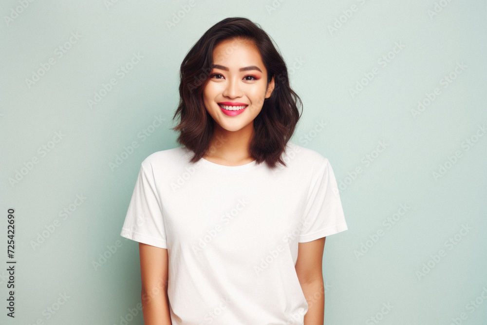 Young happy smiling Asian woman model wearing tshirt looking at camera on color background. Face skin hair care korean cosmetic and makeup, fashion ads. Beauty portrait. White t-shirt mock up template Young happy smiling Asian woman model wearing tshirt looking at camera on color background. Face skin hair care korean cosmetic and makeup, fashion ads. Beauty portrait. White t-shirt mock up template