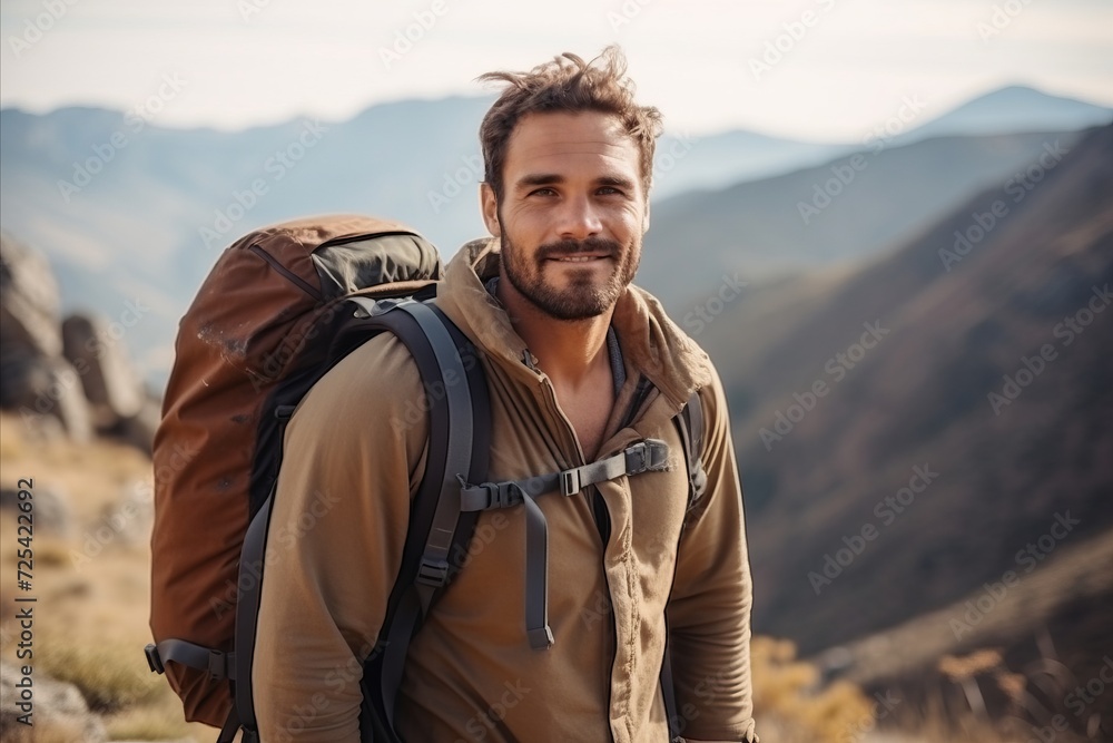 Handsome man with backpack hiking in mountains. Adventure and travel.