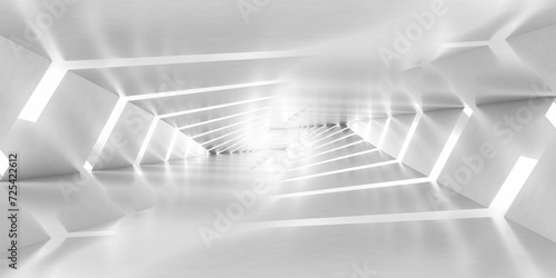 Fototapeta Naklejka Na Ścianę i Meble -  Abstract empty white tunnel perspective, panoramic digital graphic background. 3d