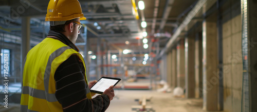 Construction worker using a tablet while working in a construction area.