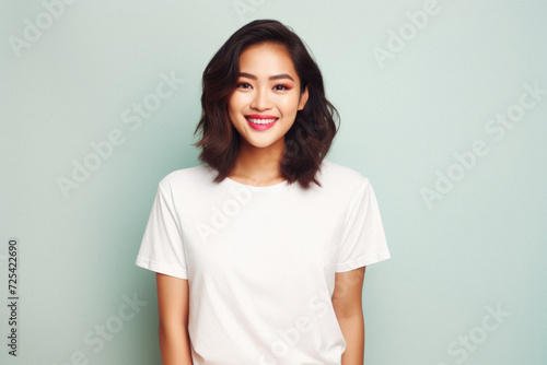 Young happy smiling Asian woman model wearing tshirt looking at camera on color background. Face skin hair care korean cosmetic and makeup, fashion ads. Beauty portrait. White t-shirt mock up template