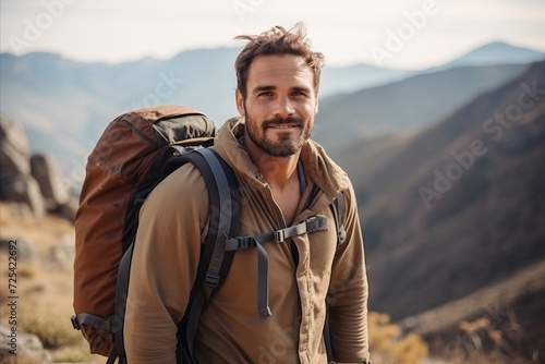 Handsome man with backpack hiking in mountains. Adventure and travel. © Nerea