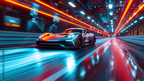 A futuristic sports car speeds through a neon-lit cityscape, reflecting the essence of speed and modern urban nightlife.
