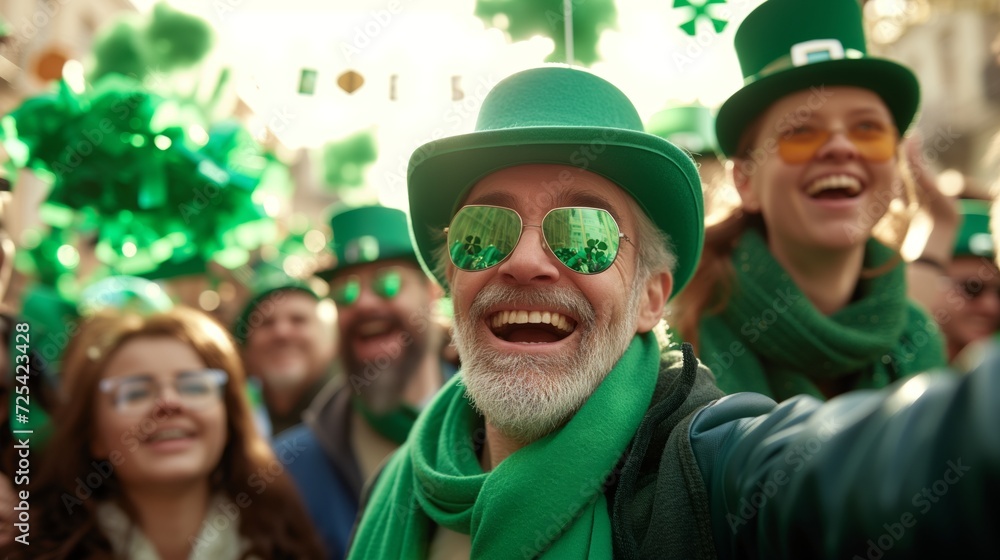 Group of friends on the city streets is celebrating Saint Patrick's Day Group of friends on the city streets is celebrating Saint Patrick's Day
