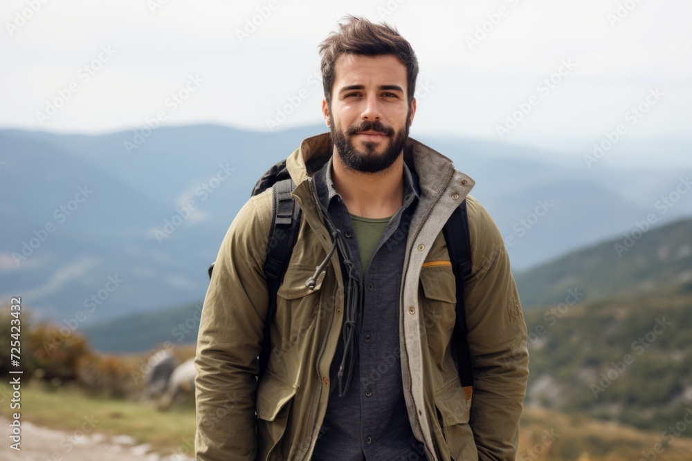 Portrait of a handsome young man with a beard and mustache on the background of the mountains Portrait of a handsome young man with a beard and mustache on the background of the mountains