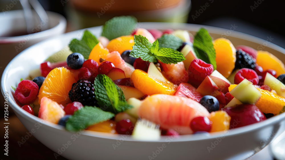Fresh Fruit Salad Bowl with Mint Close-up Shot