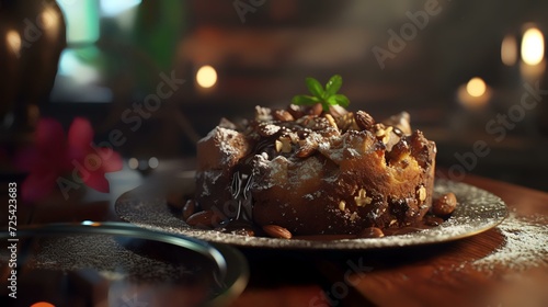 Chocolate cake with nuts on a wooden table. Selective focus.