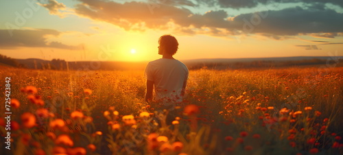 The guy looks at the sunset on the field. Spring. Warm lighting. Wildflowers.