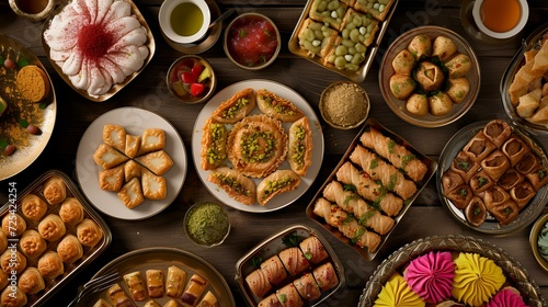 Top view of various indian sweets and pastries on wooden table photo