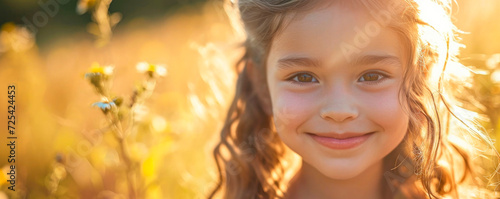 Close up portrait of little girl smiling in backlight. AI generated.