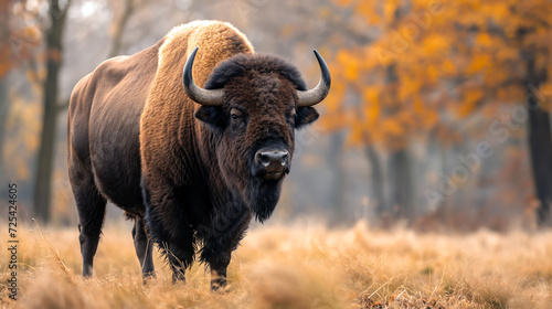 majestic bison wildlife and conservation, horns and brown, furry coat blending into the serene autumn grassland