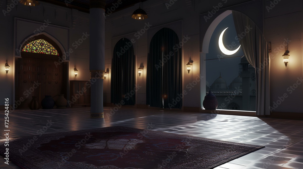 3D rendering of the mosque and the moon in the night time