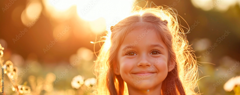 Fototapeta premium Close up portrait of little girl smiling in backlight. AI generated.