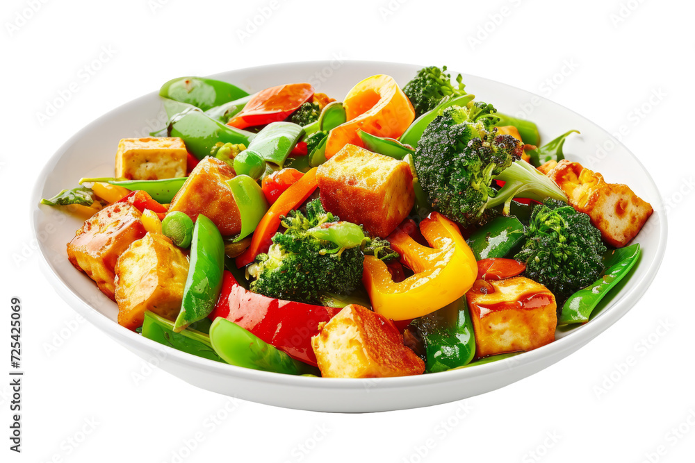 vegetable stir-fry with tofu, bell pepper, broccoli and peas in a healthy and attractive vegetarian dish on a white background vegetable stir-fry with tofu, bell pepper, broccoli and peas in a healthy and attractive vegetarian dish on a white background