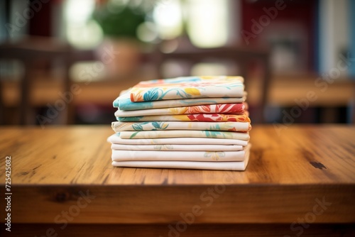 stack of cloth napkins on a wooden dining table