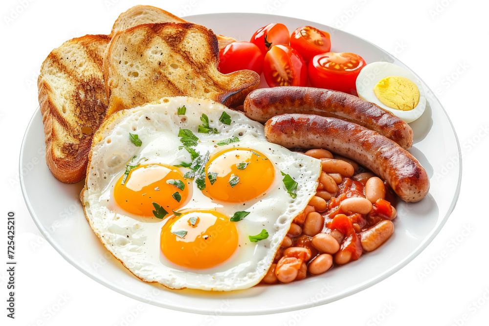 Breakfast with eggs, sausage, beans and toast, isolated on a white background. Breakfast with eggs, sausage, beans and toast, isolated on a white background.