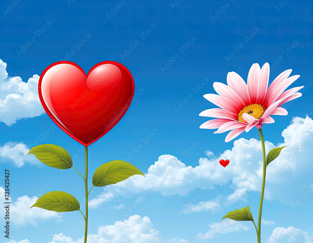 Obraz premium Sky and sun. Heart and flowers. Valentine's Day. The 14th of February. Valentines day. Birthday. March 8. Scenery. Nature. Postcard.