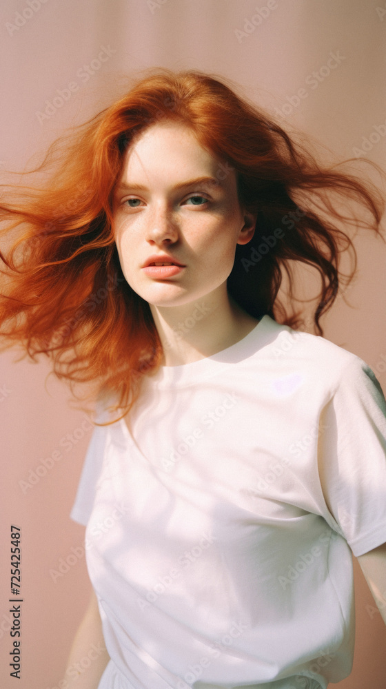 Young pretty cool trendy woman gen z model wearing tshirt looking at camera standing on color background. Face skin care cosmetics makeup, fashion ads. Beauty portrait. White t-shirt mock up template Young pretty cool trendy woman gen z model wearing tshirt looking at camera standing on color background. Face skin care cosmetics makeup, fashion ads. Beauty portrait. White t-shirt mock up template