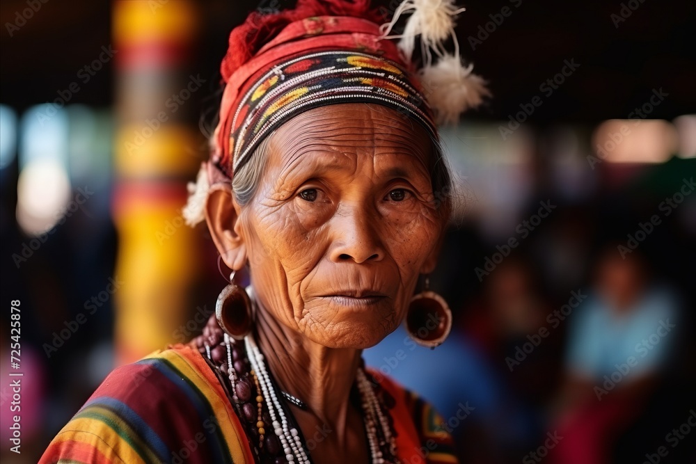 Portrait of an old woman in traditional clothes at the market.