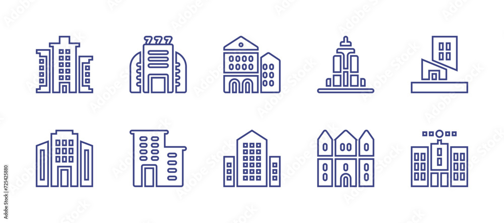 Building line icon set. Editable stroke. Vector illustration. Containing building, casino, office building, empire state building.