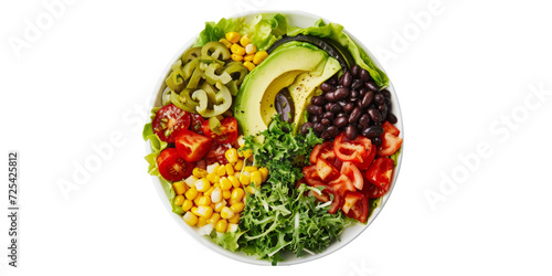 Mexican style salad  with ingredients such as corn  black beans and avocado  on a white background.