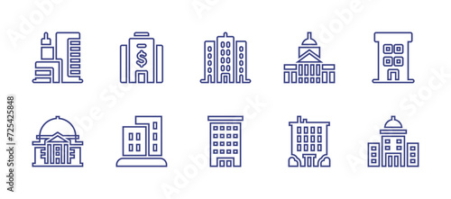 Building line icon set. Editable stroke. Vector illustration. Containing city hall, corporation, building, apartment, nursing home, government building, city building.