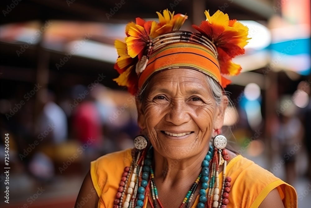 Portrait of an old woman wearing a headdress in a market