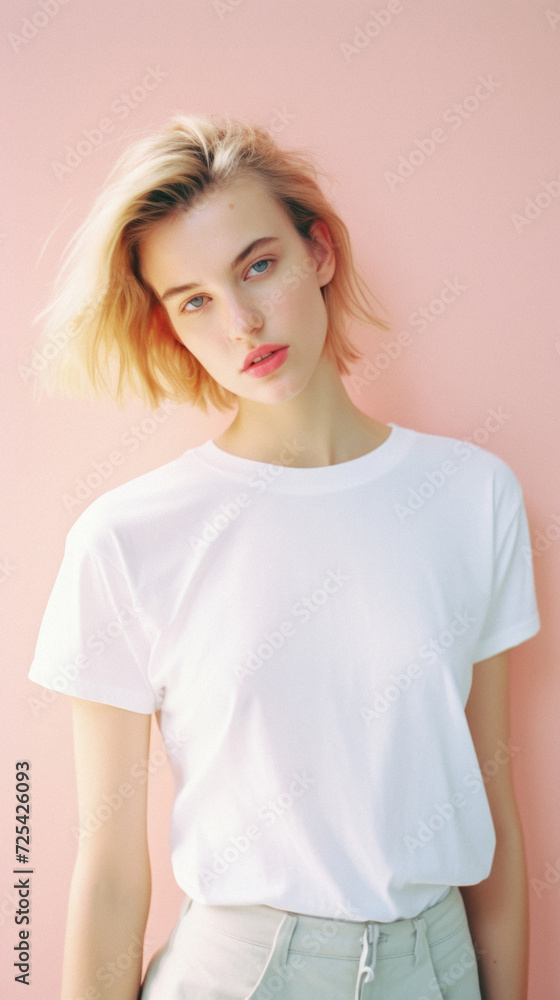 Fototapeta premium Young pretty cool trendy woman gen z model wearing tshirt looking at camera standing on color background. Face skin care cosmetics makeup, fashion ads. Beauty portrait. White t-shirt mock up template 