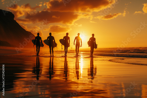 Fototapeta Several surfers with boards walk along the beach after an active ride at sunset