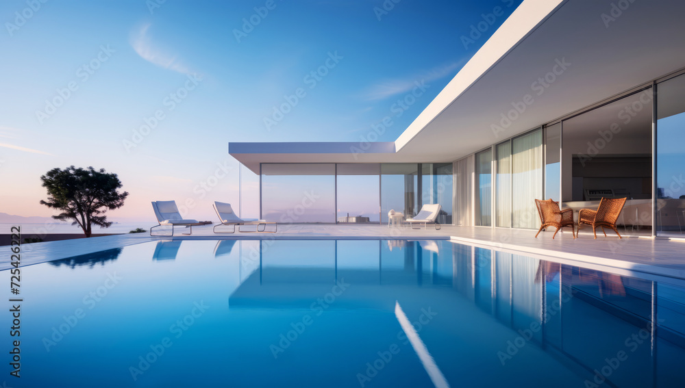 Luxury poolside at modern villa overlooking serene twilight sky Luxury poolside at modern villa overlooking serene twilight sky
