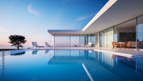 Luxury poolside at modern villa overlooking serene twilight sky