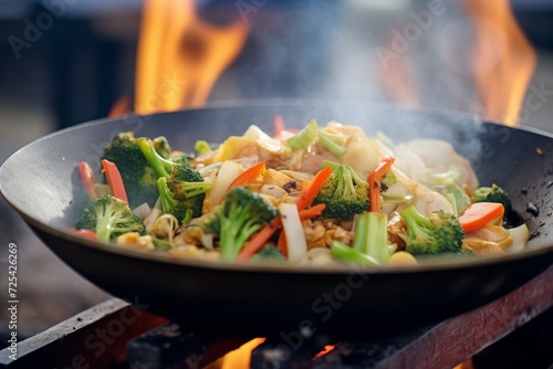 stir fry vegetables tossed in a flaming wok roadside