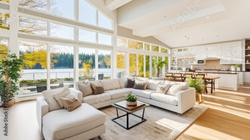 Luxurious modern home interior with lake view, spacious living room