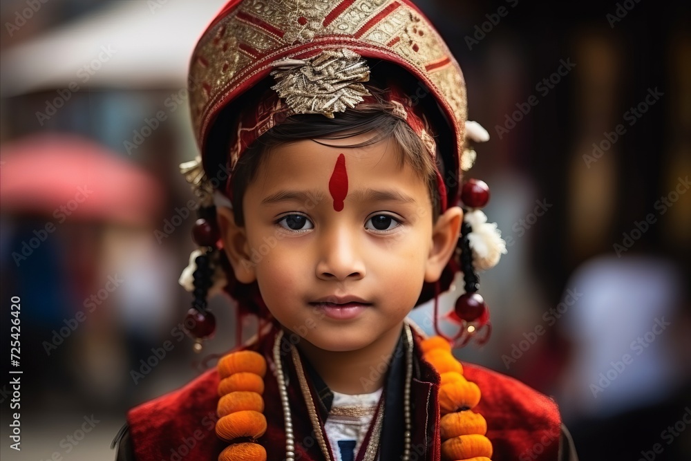 Portrait of a little Indian boy in traditional clothes at the market