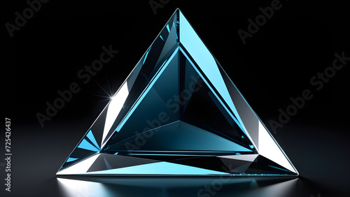 glassy shiny transparent crystal in the form of a 3d triangle isolated on black background