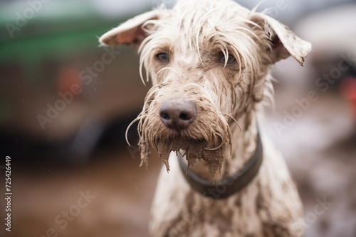 white dog almost unrecognizable, covered in mud