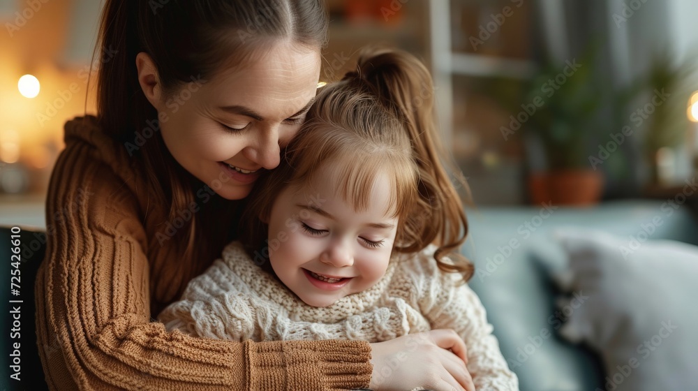 Mother supporting sweet down syndrome daughter to learn and relax from the internet, embracing child to encourage down syndrome girl at home. Mother supporting sweet down syndrome daughter to learn and relax from the internet, embracing child to encourage down syndrome girl at home.