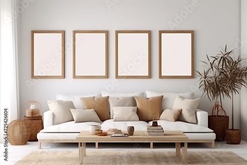 Empty white poster frames hang on a white wall above a beige sofa in a living room. Made with generative AI technology