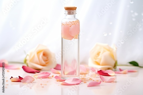 bottle of rose water with fresh rose petals