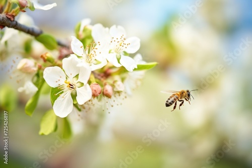 honey bee gathering nectar from blooming apple tree