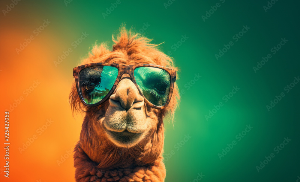Stylish camel with sunglasses on vibrant gradient background