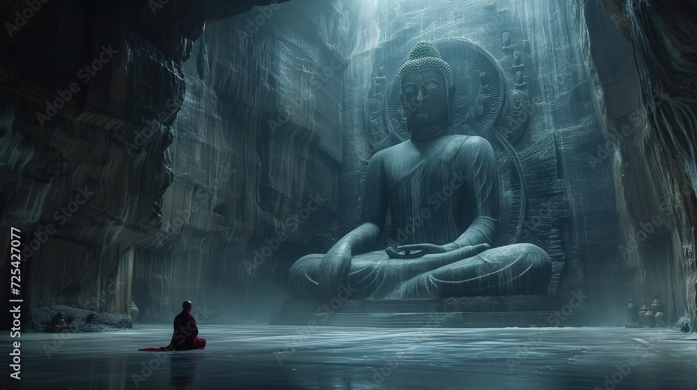 Buddhist monks engaging near serene Buddha statue in the cave. Harmony and Serenity Concept. Generative AI. - obrazy, fototapety, plakaty 