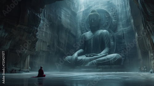 Buddhist monks engaging near serene Buddha statue in the cave. Harmony and Serenity Concept. Generative AI. photo