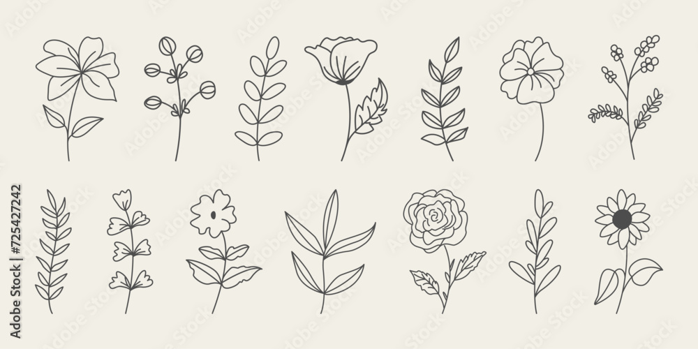 Set of botanical hand drawn leaves, branches, and blooming flowers. - obrazy, fototapety, plakaty 