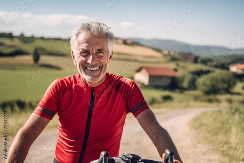 Portrait of happy senior man in sportswear riding bicycle in countryside