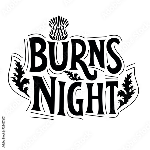Burns night supper card with thistle on white background. Menu with lettering for restaurant, party...