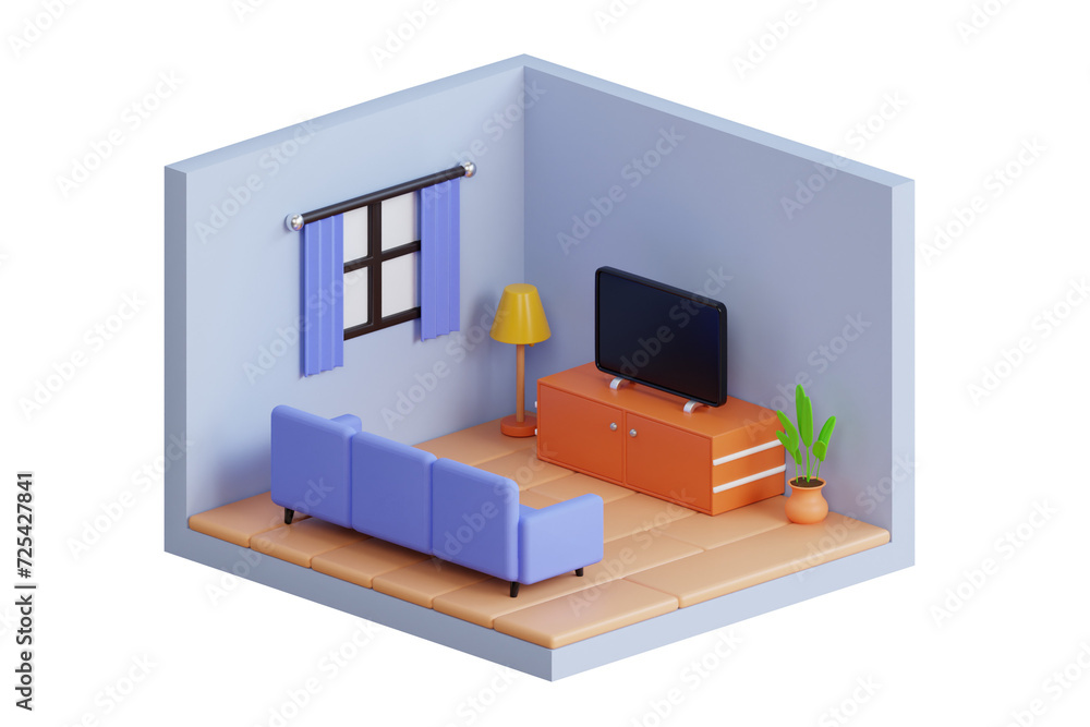 Living room 3d illustration. 3D isometric living room