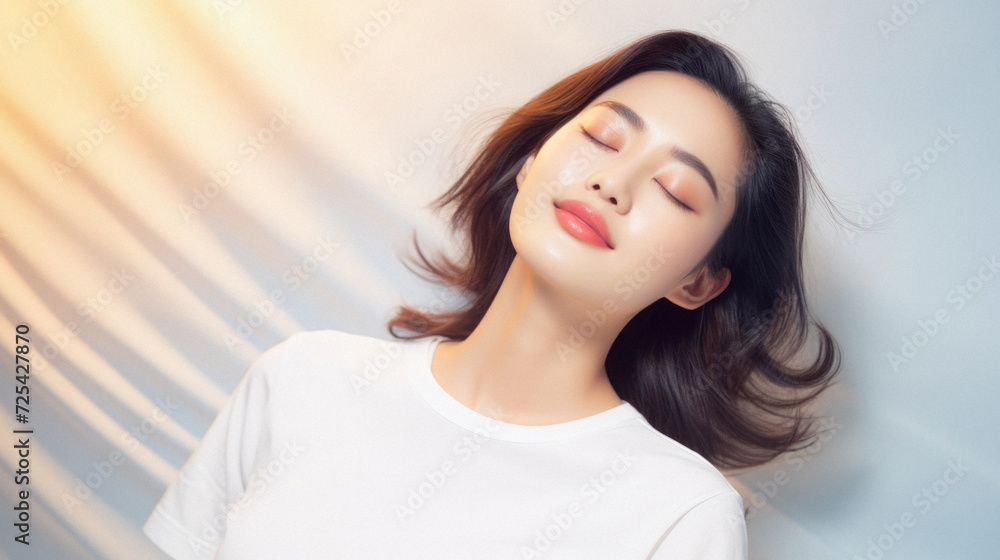 Young adult healthy beautiful Asian woman model wearing white t-shirt on background. Face flawless perfect fresh skin care korean cosmetic treatment makeup products skincare ads. Beauty portrait . Young adult healthy beautiful Asian woman model wearing white t-shirt on background. Face flawless perfect fresh skin care korean cosmetic treatment makeup products skincare ads. Beauty portrait .